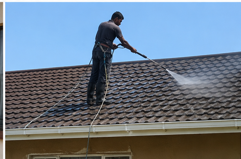 Professional roof pressure cleaning service removing dirt and moss from roof tiles