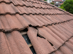 Cracked and broken roof tiles exposing the underlayment, increasing the risk of roof leaks and water damage.