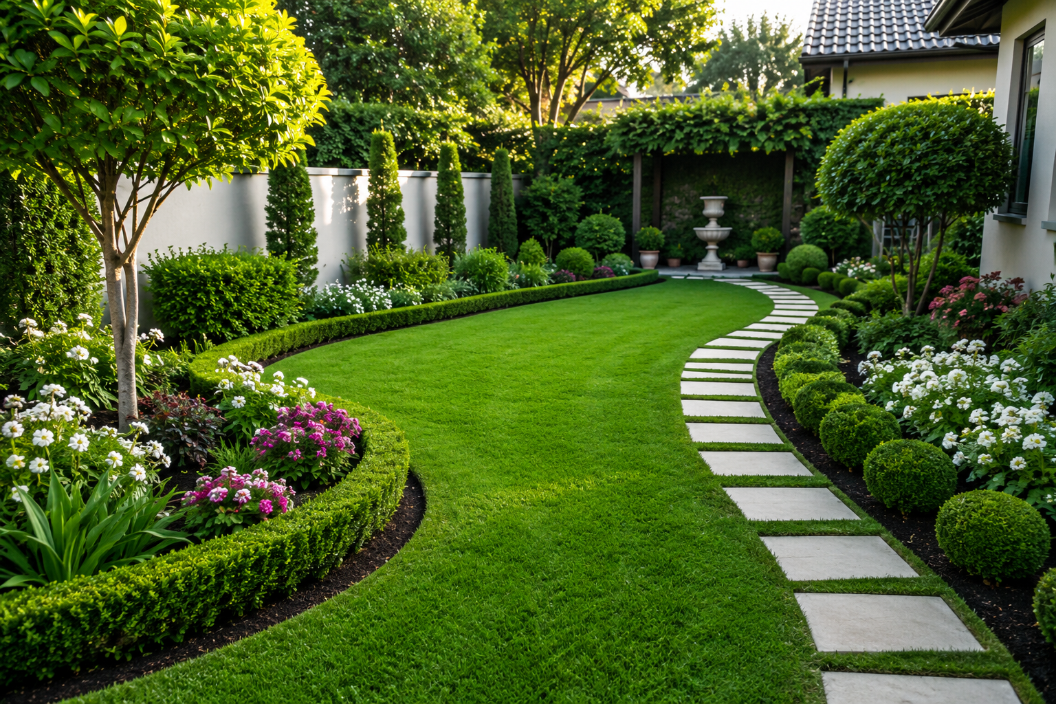 Professionally landscaped garden with manicured lawn, trimmed hedges, and decorative plants