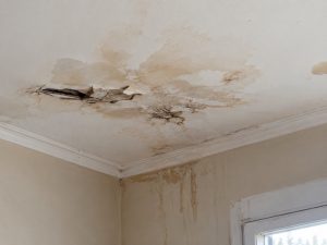 Severe roof leak causing water stains, peeling ceiling paint, damp patches, and interior water damage near a room corner.